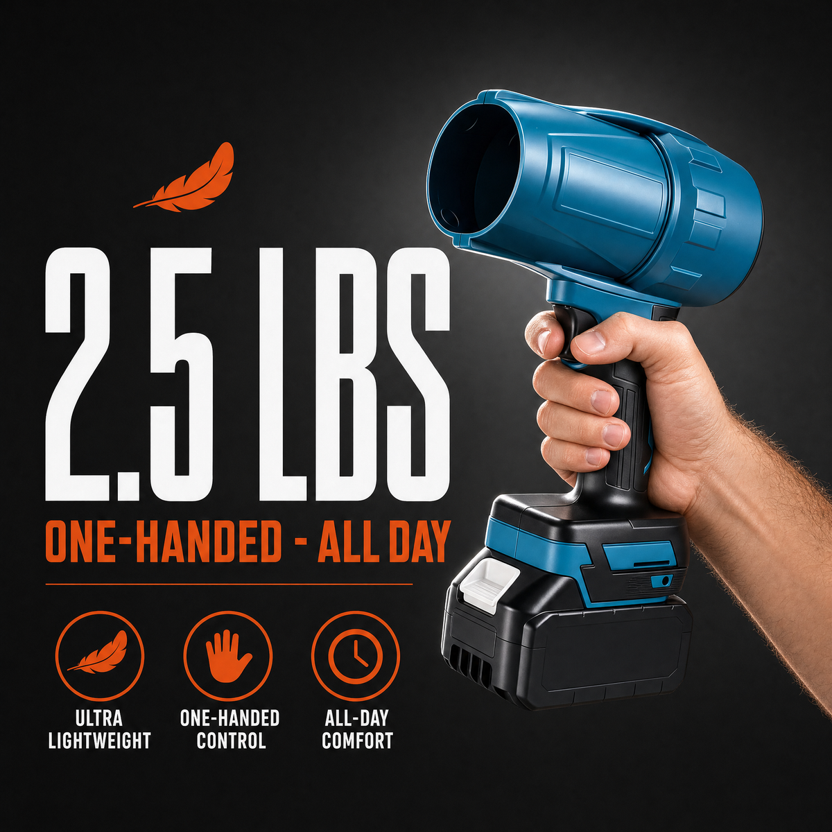 2.5 lbs - one-handed all day, ultra lightweight