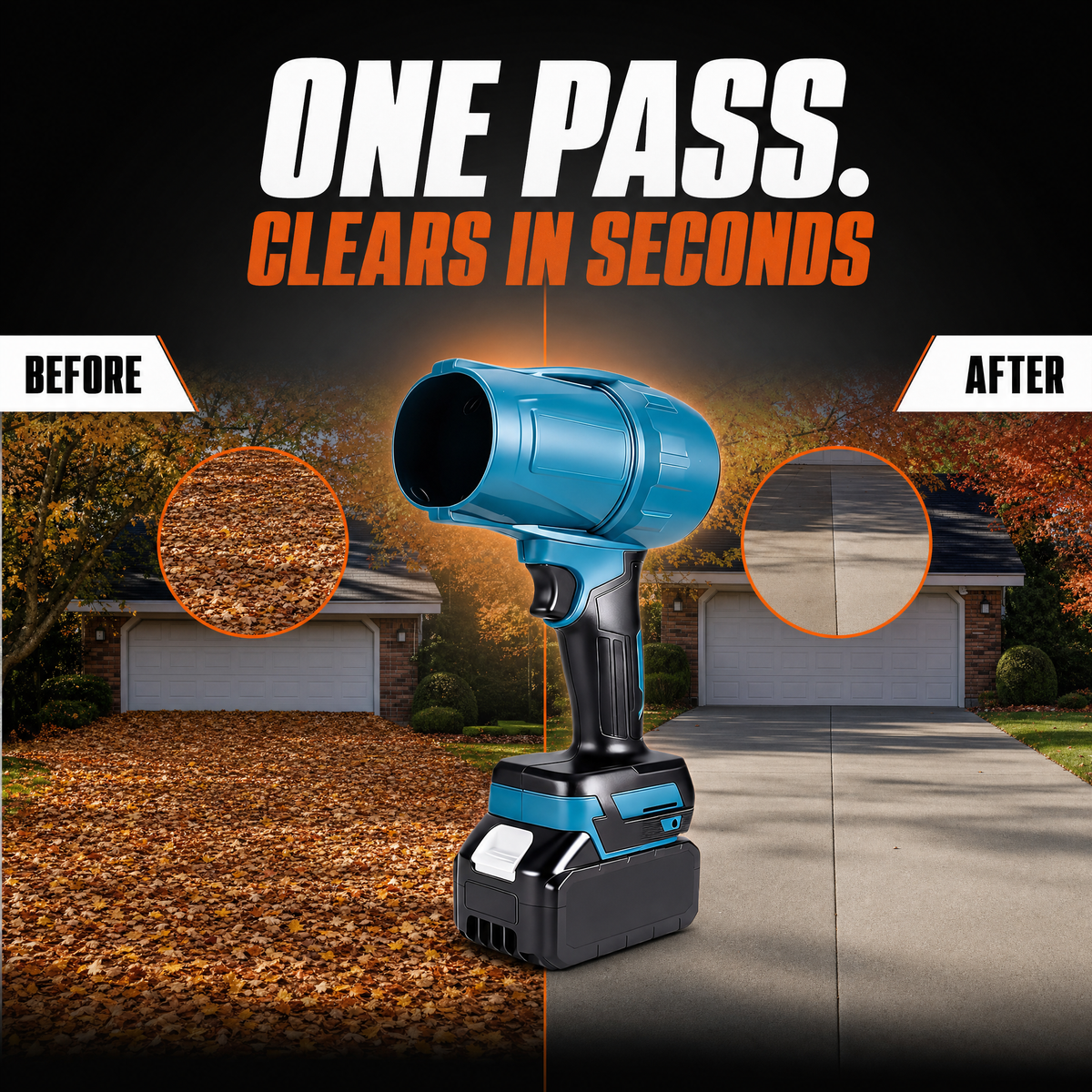 One pass clears a leaf-covered driveway in seconds - before and after