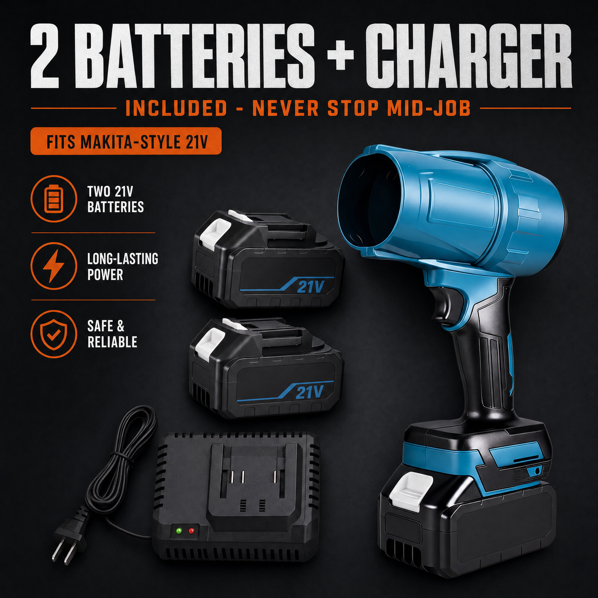2 batteries plus charger included - fits Makita-style 21V