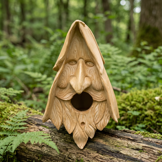 Hand-carved wood-spirit birdhouse on a mossy log