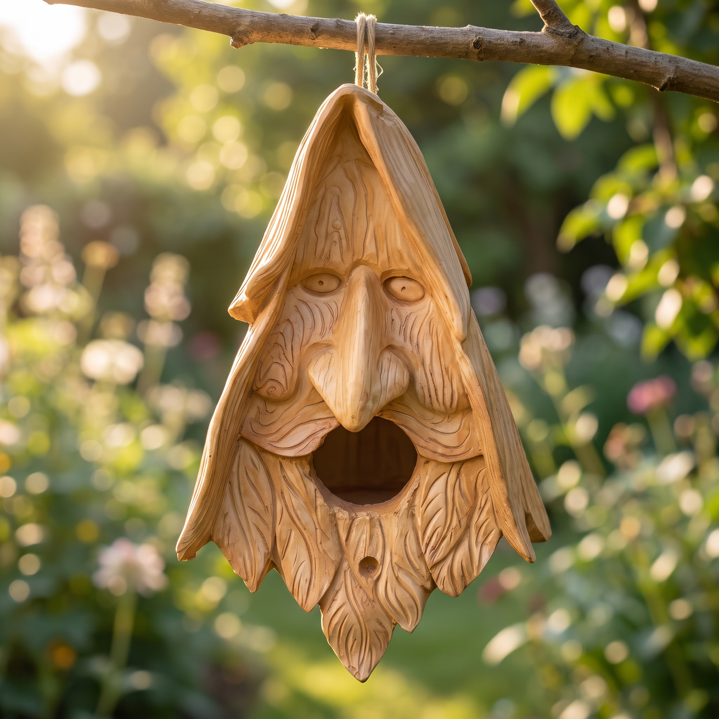 Hand-carved wood-spirit birdhouse hanging from a garden branch