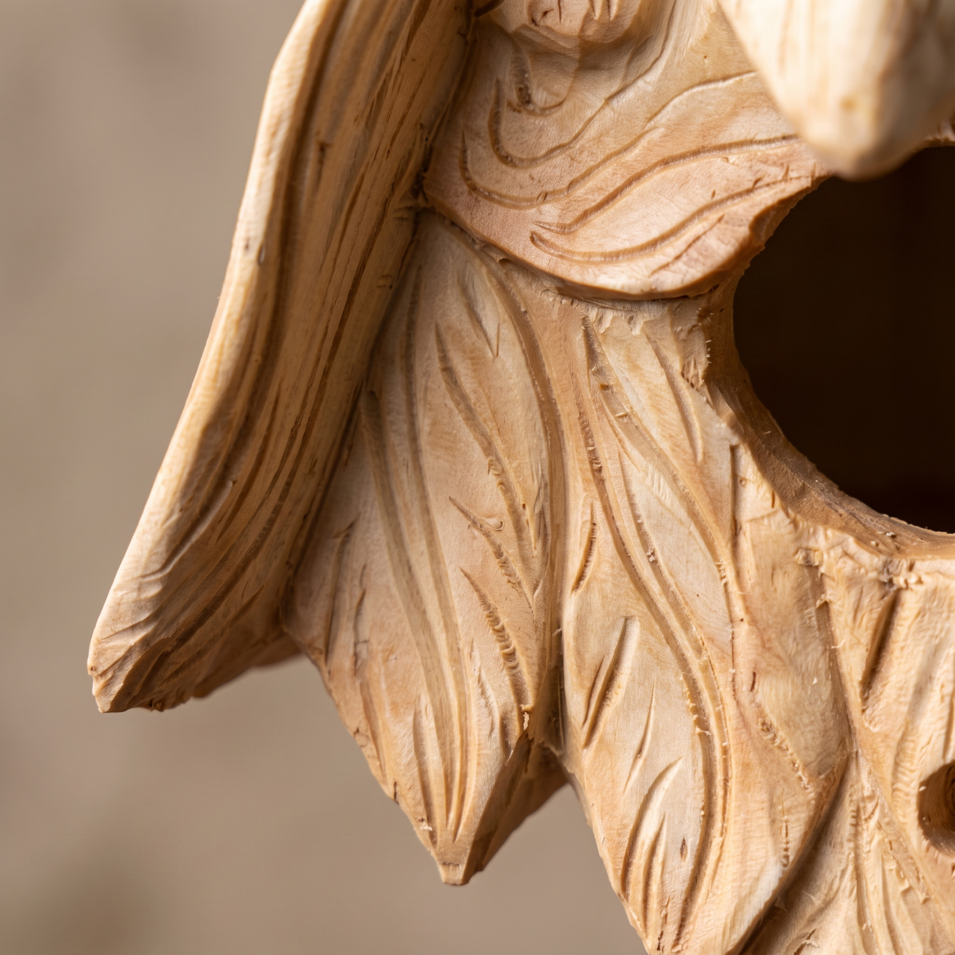 Close-up of the carved wood grain and leaf beard