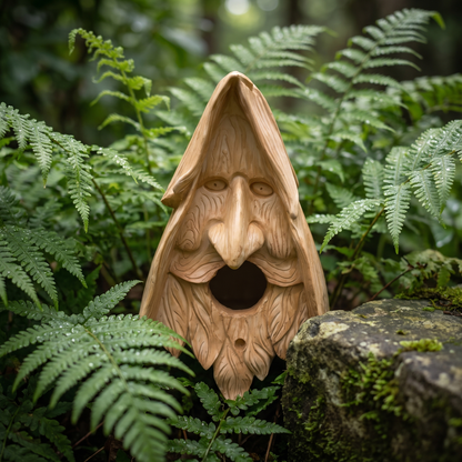 Hand-carved wood-spirit birdhouse among ferns and stone