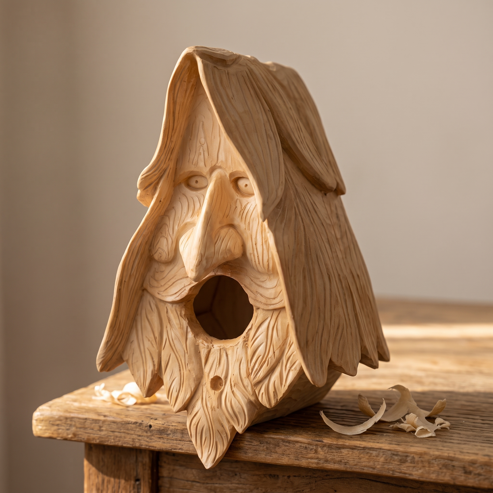 Hand-carved wood-spirit birdhouse on a rustic table with wood shavings