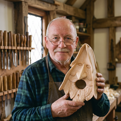 Edwin Thorne holding one of his hand-carved wood-spirit birdhouses in his workshop