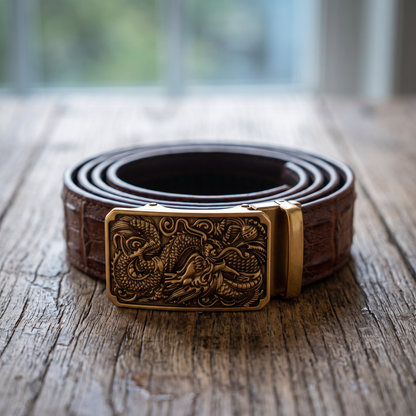 Ray's leather belt with antique brass dragon buckle on weathered oak