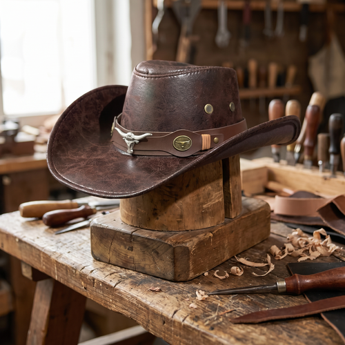 Roy Kessler's full-grain leather western hat in coffee brown on a wooden hat block