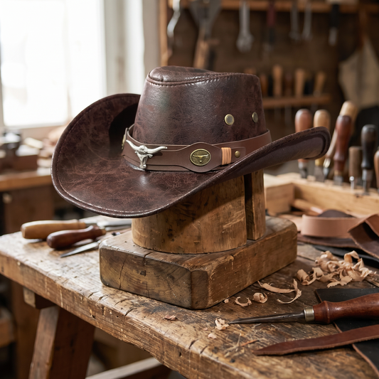 Roy Kessler's full-grain leather western hat in coffee brown on a wooden hat block