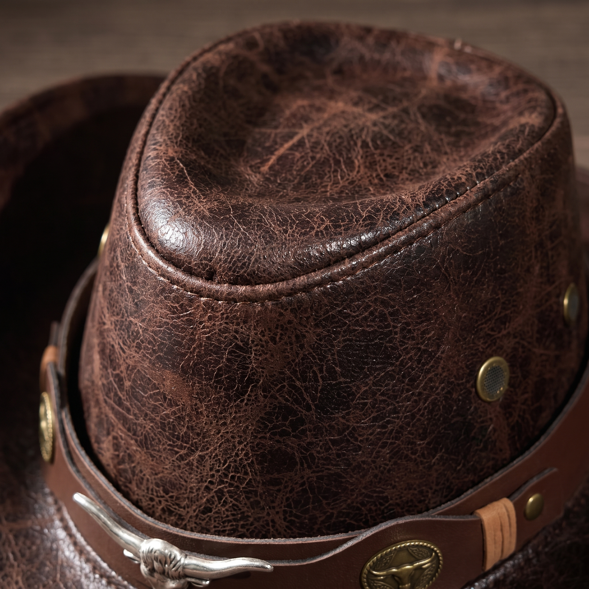 Close-up of the weathered full-grain leather crown and cattleman crease