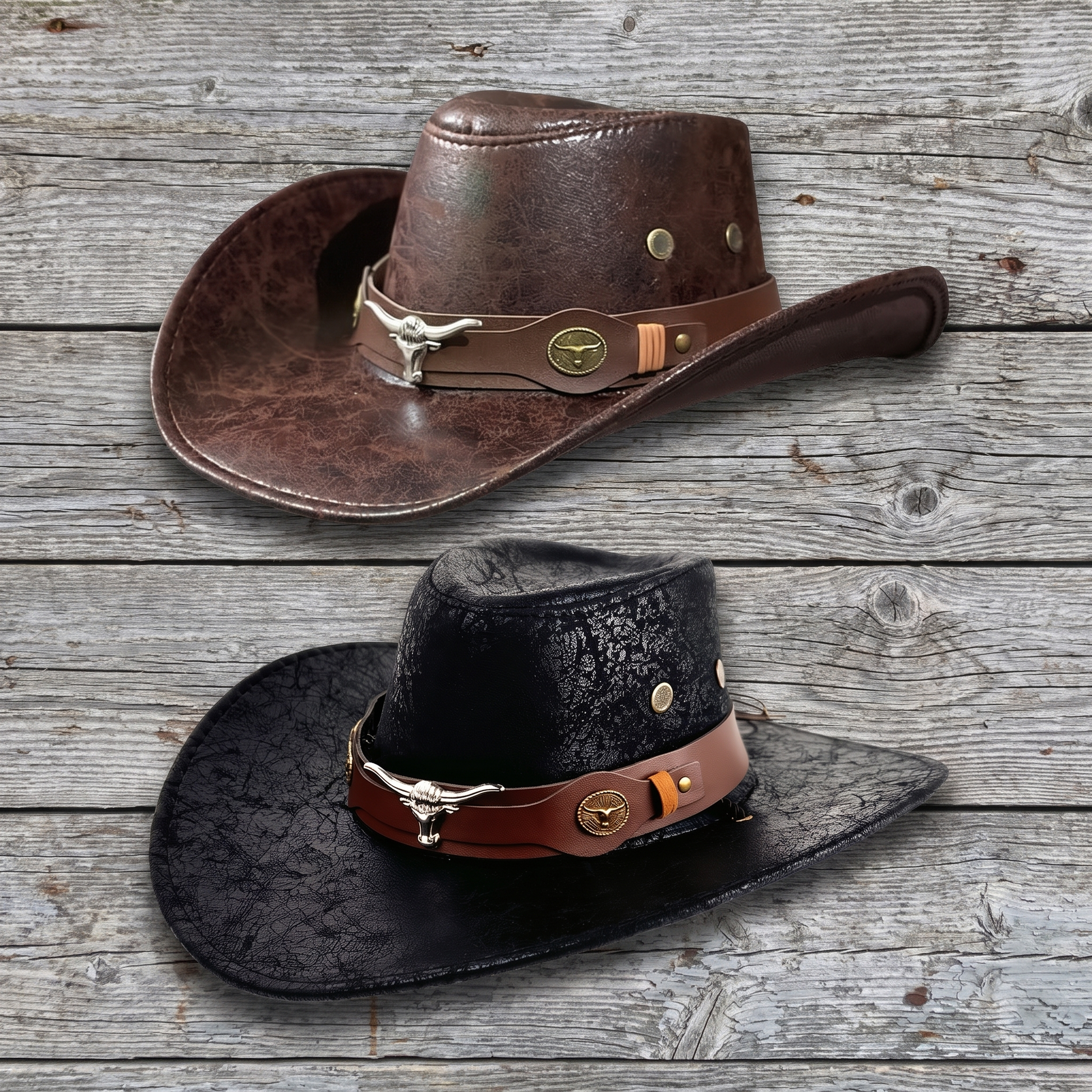 Both colorways: coffee brown and black full-grain leather western hats