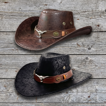 Both colorways: coffee brown and black full-grain leather western hats