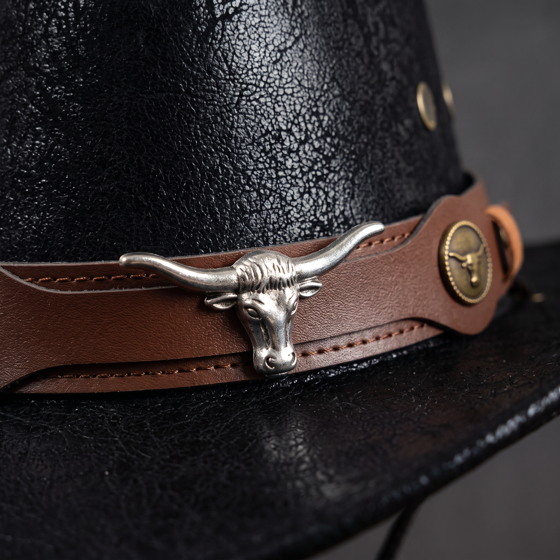 Cast silver longhorn buckle and antique brass concho on the stitched hatband