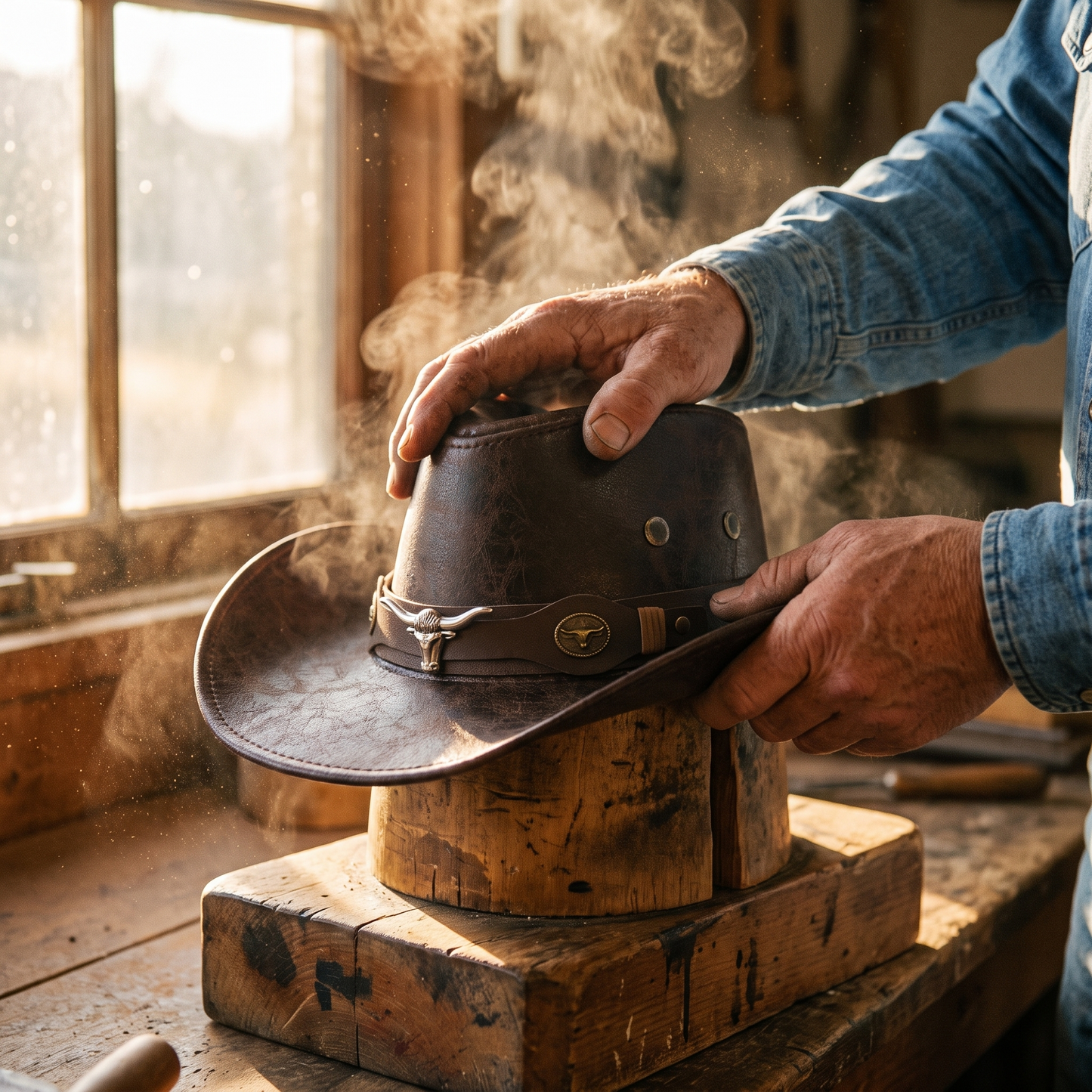 Hands shaping the leather crown over steam on a wooden hat block