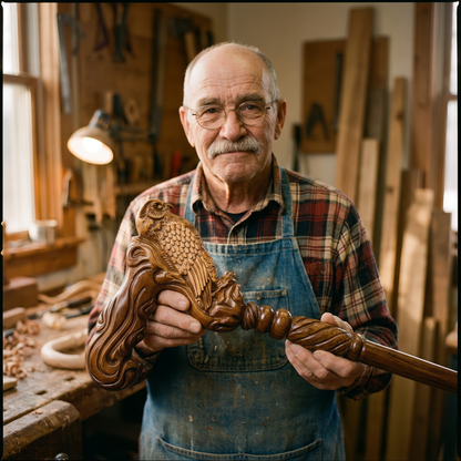 Roy Dettmer in his workshop holding a finished carved owl-head walking cane
