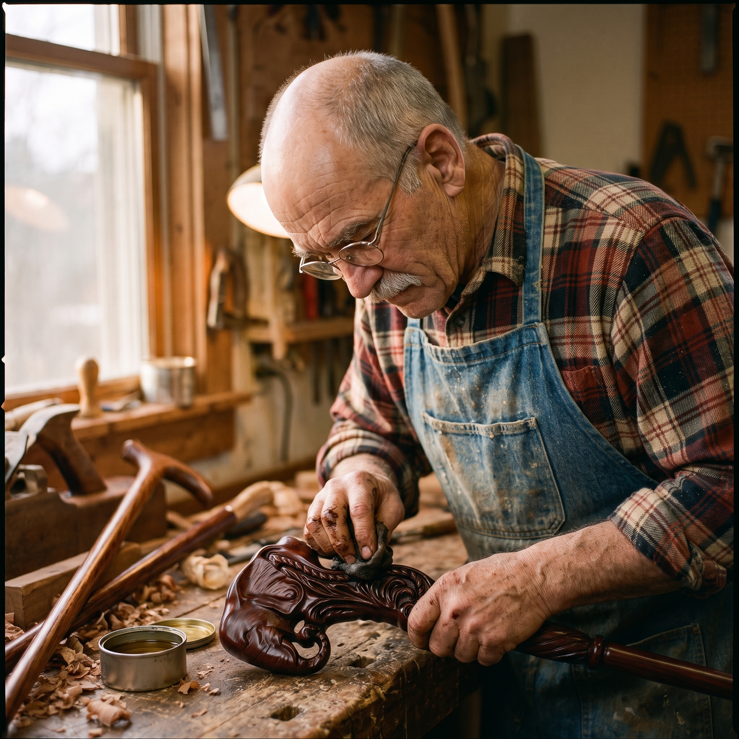 Roy Dettmer rubbing oil into the carved elephant-head grip at his workbench