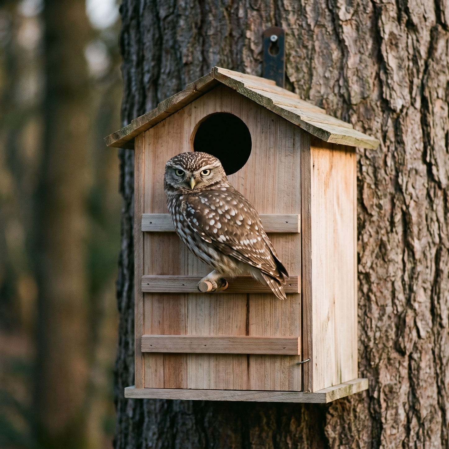 A little owl gripping the dowel perch rail on the front of the box