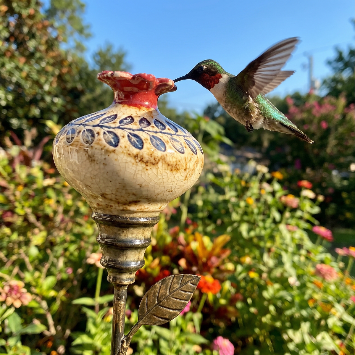 Close-up of the hand-painted pot and red flower opening