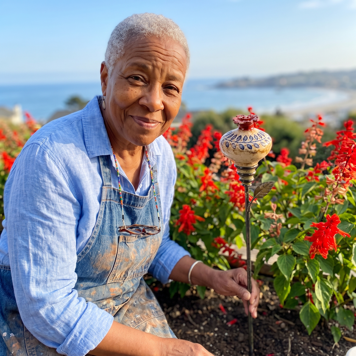 Dessie Broussard placing a feeder in her garden