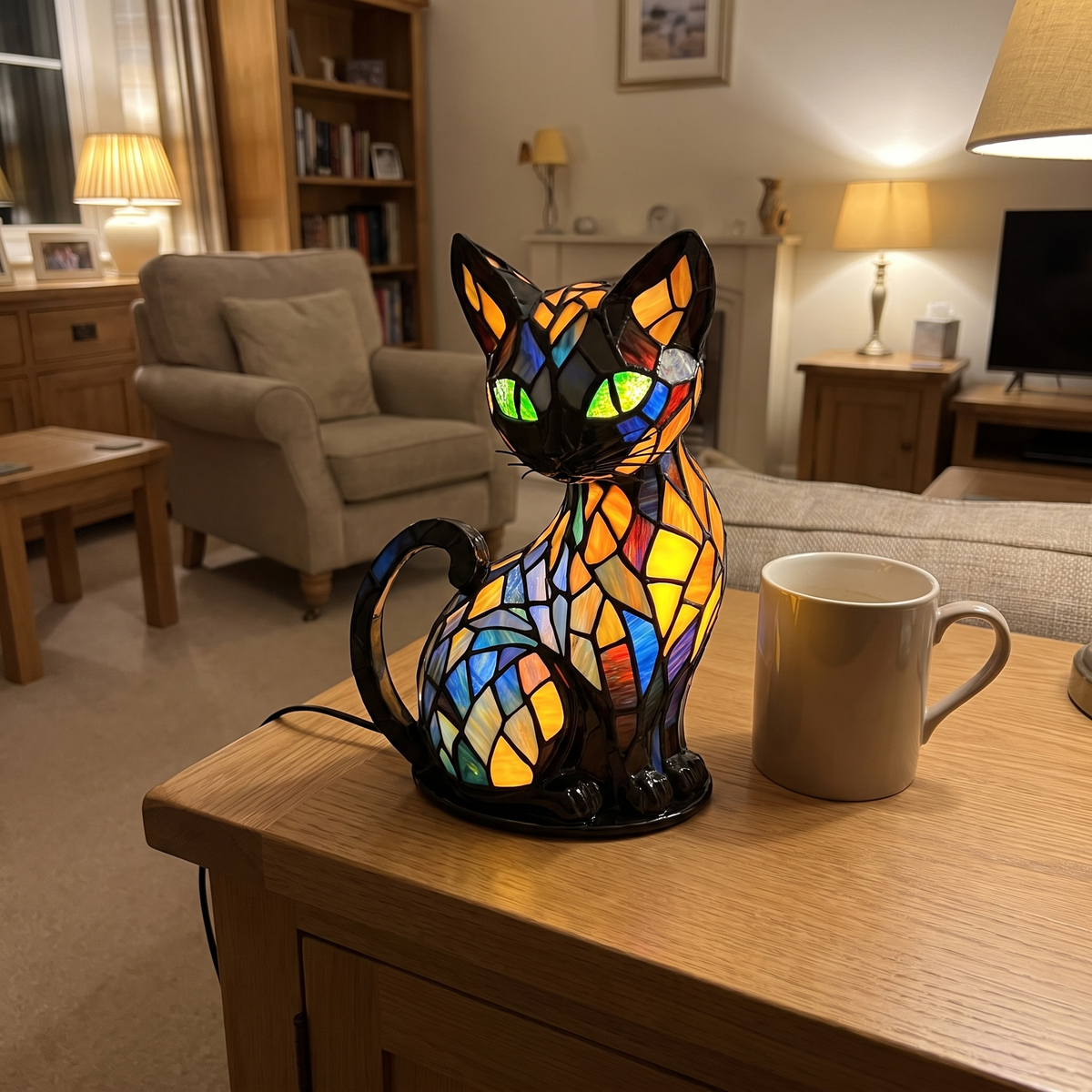 Gwen's Moggy Lamp glowing on a sideboard