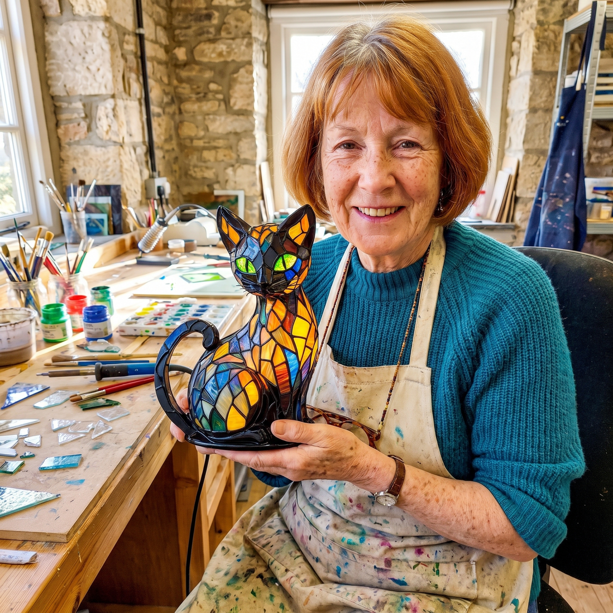 Gwen Ashby with one of her Moggy Lamps