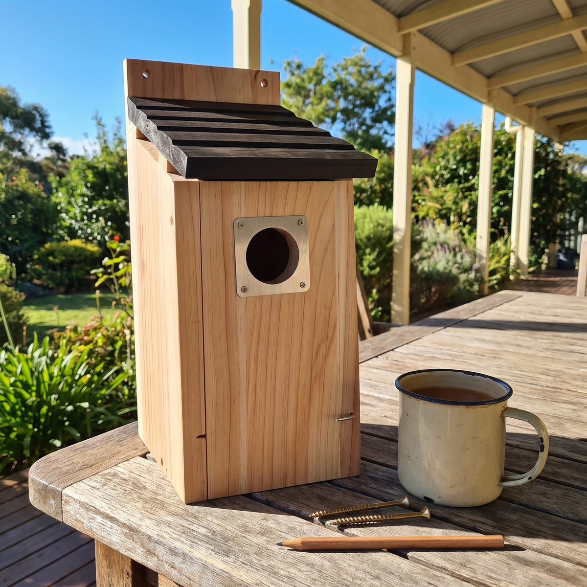 The nest box on a verandah table next to a tin mug for size