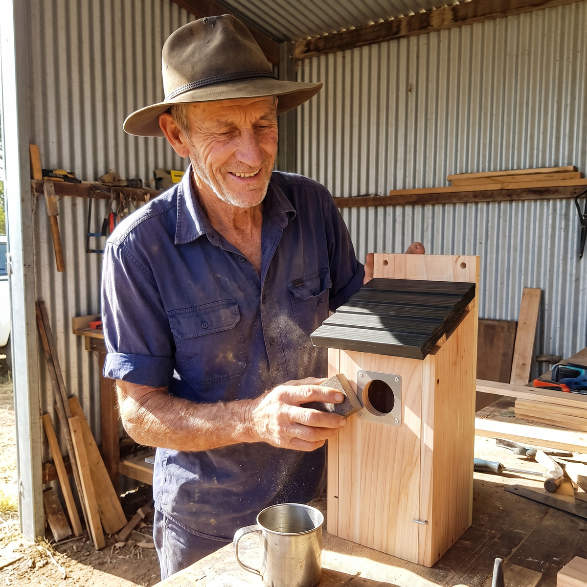 Trevor sanding one of his last nest boxes in his shed