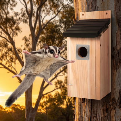 A sugar glider gliding toward the nest box at sunset