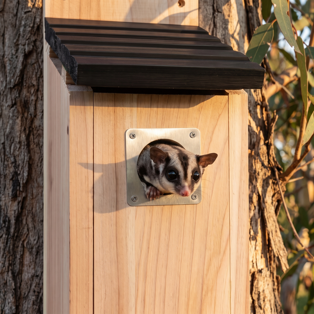 A sugar glider looking out of the steel-plated entrance