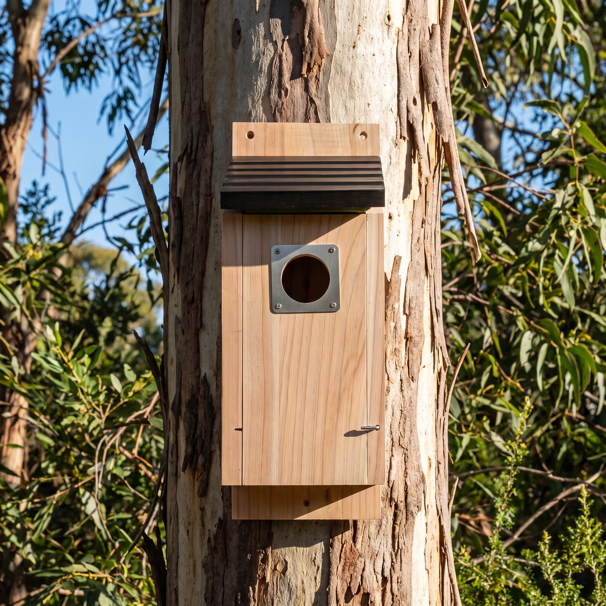 Trevor's cedar glider nest box screwed to a gum tree trunk