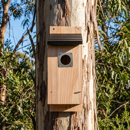 Trevor's cedar glider nest box screwed to a gum tree trunk