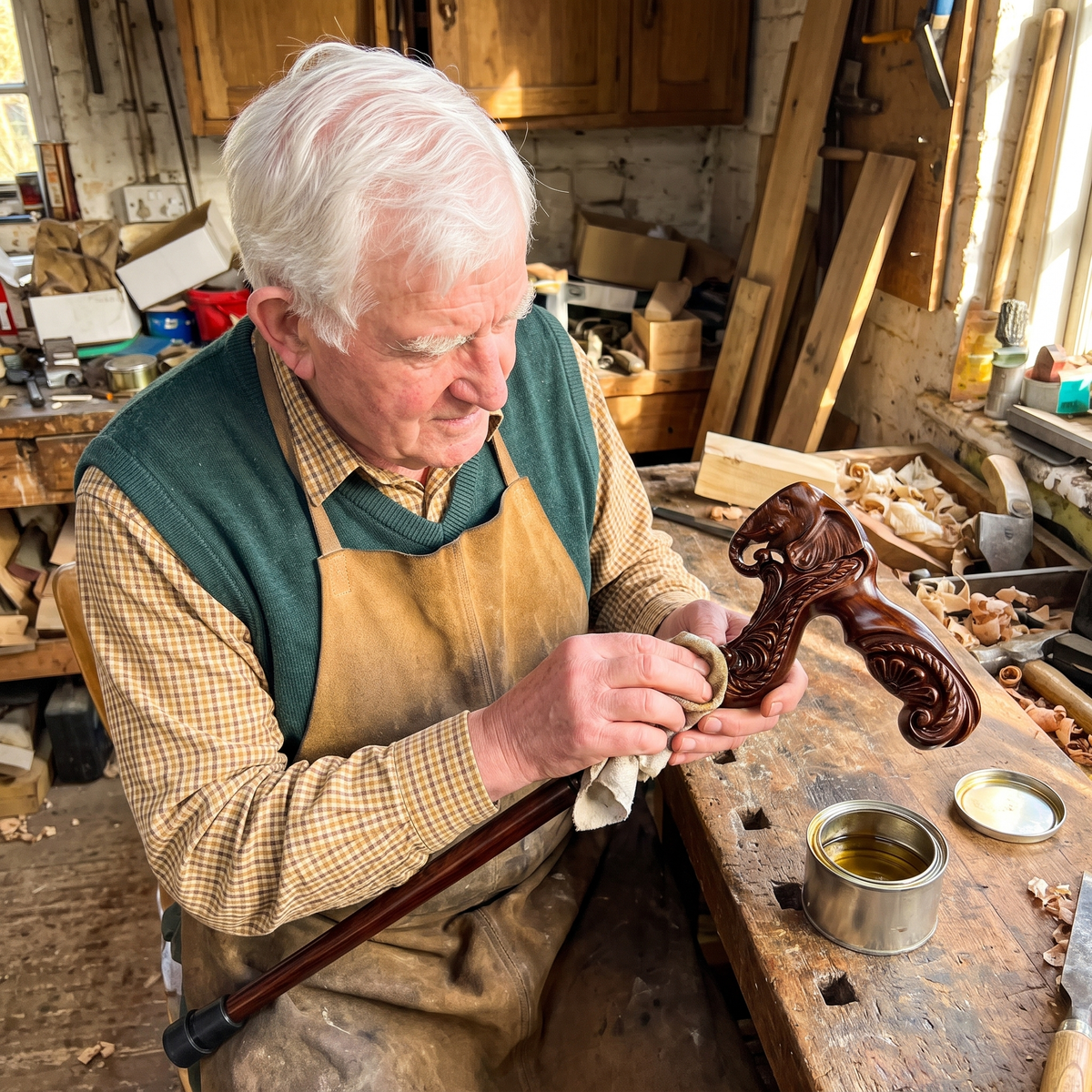 Malcolm Hatherley rubbing oil into a carved elephant-head grip at his workbench