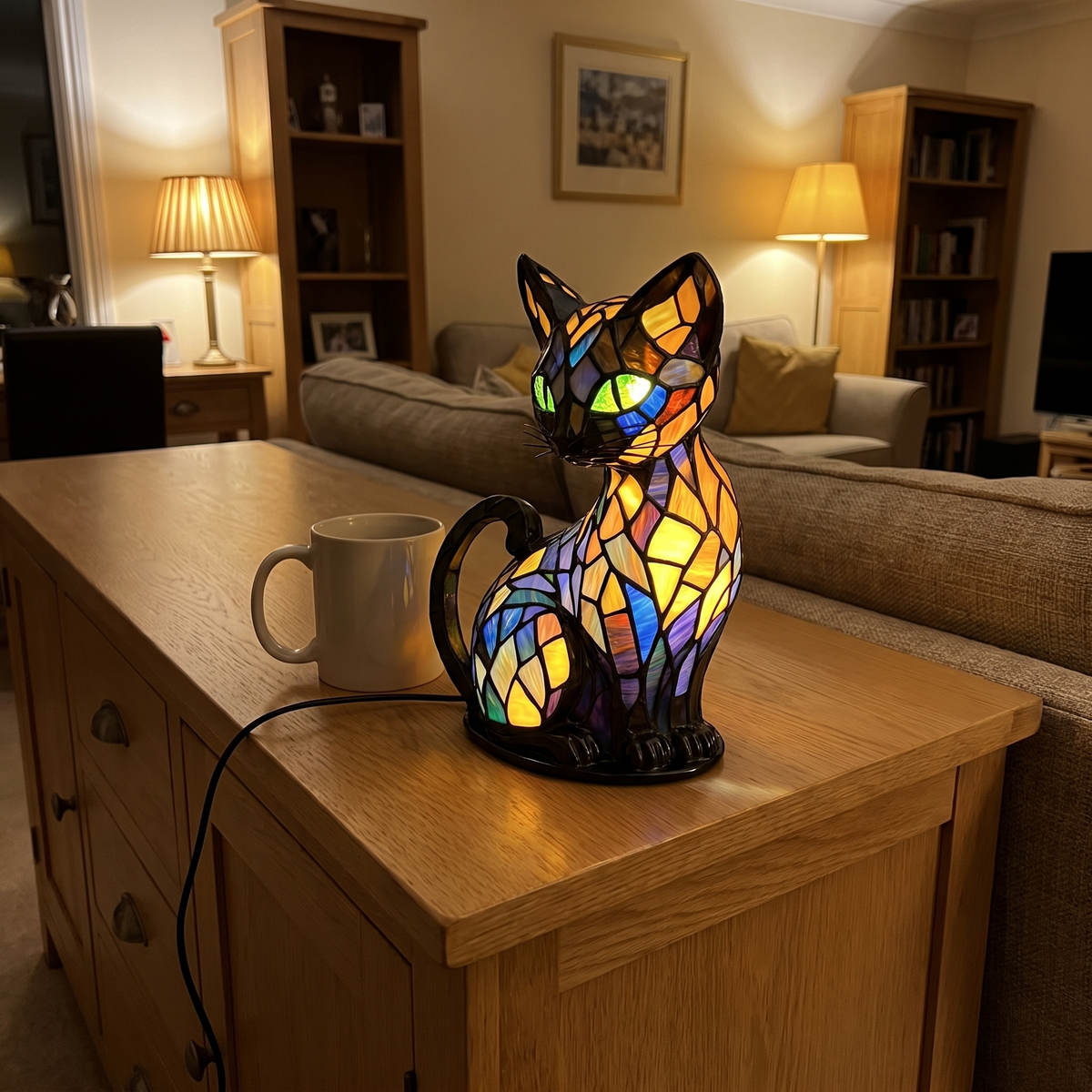 Bonnie's Kitty Lamp glowing on a sideboard
