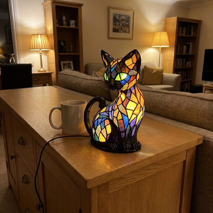 Bonnie's Kitty Lamp glowing on a sideboard