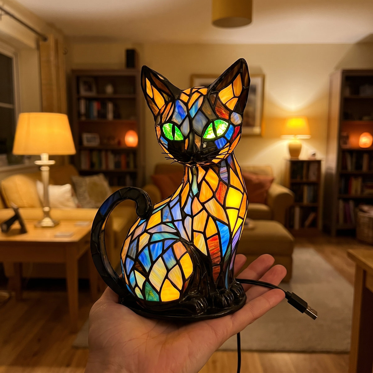 Kitty Lamp held in one hand to show its size