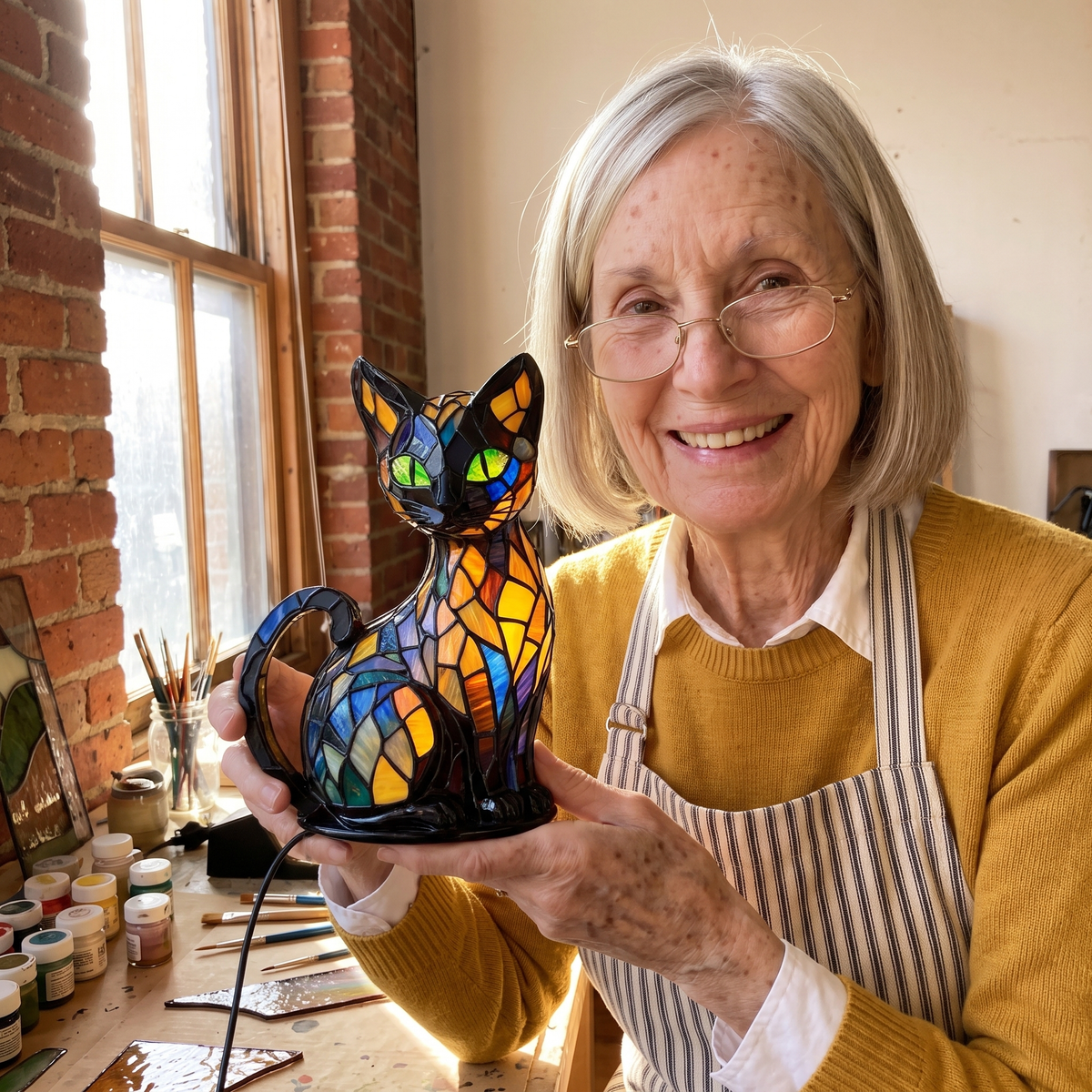 Bonnie Harlan with one of her Kitty Lamps