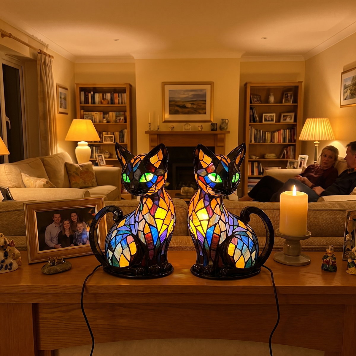 Two Kitty Lamps on a mantel