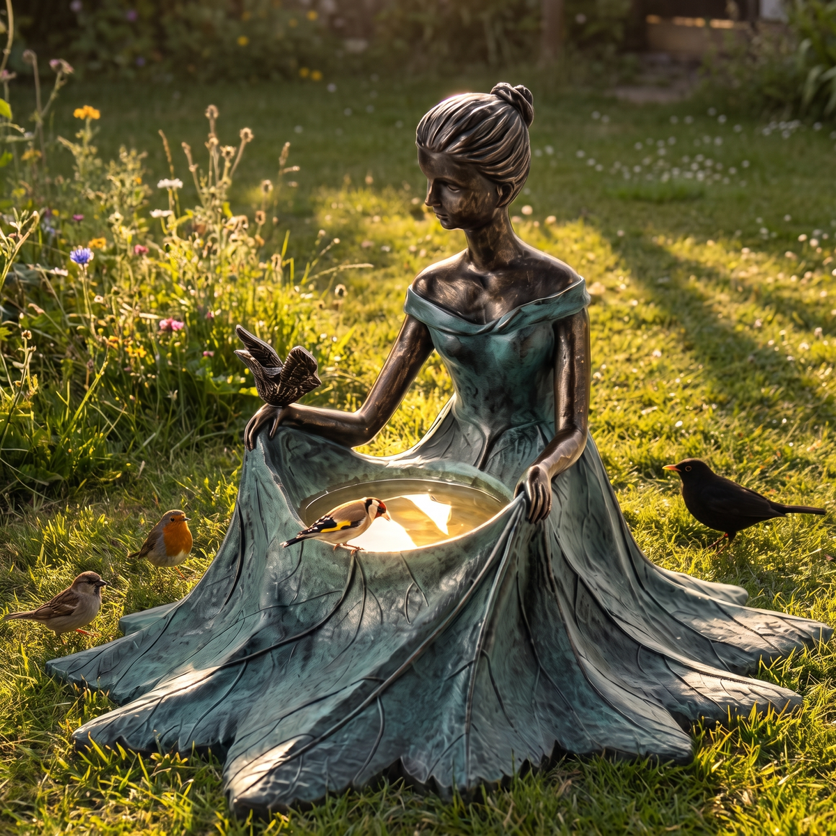 The bird bath at golden hour with a goldfinch drinking from the glowing bowl