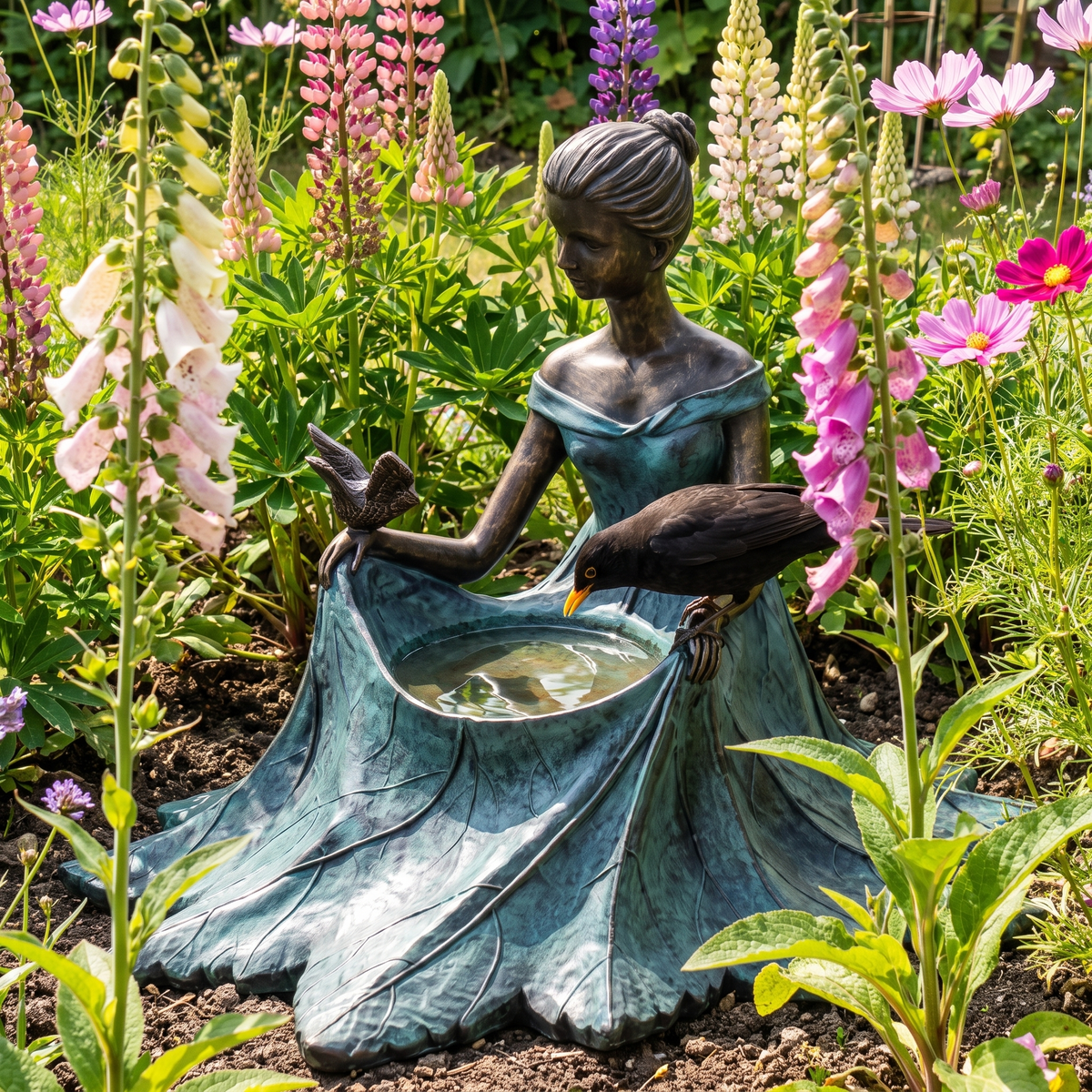 Bronze leaf maiden bird bath among foxgloves and lupins with a blackbird drinking
