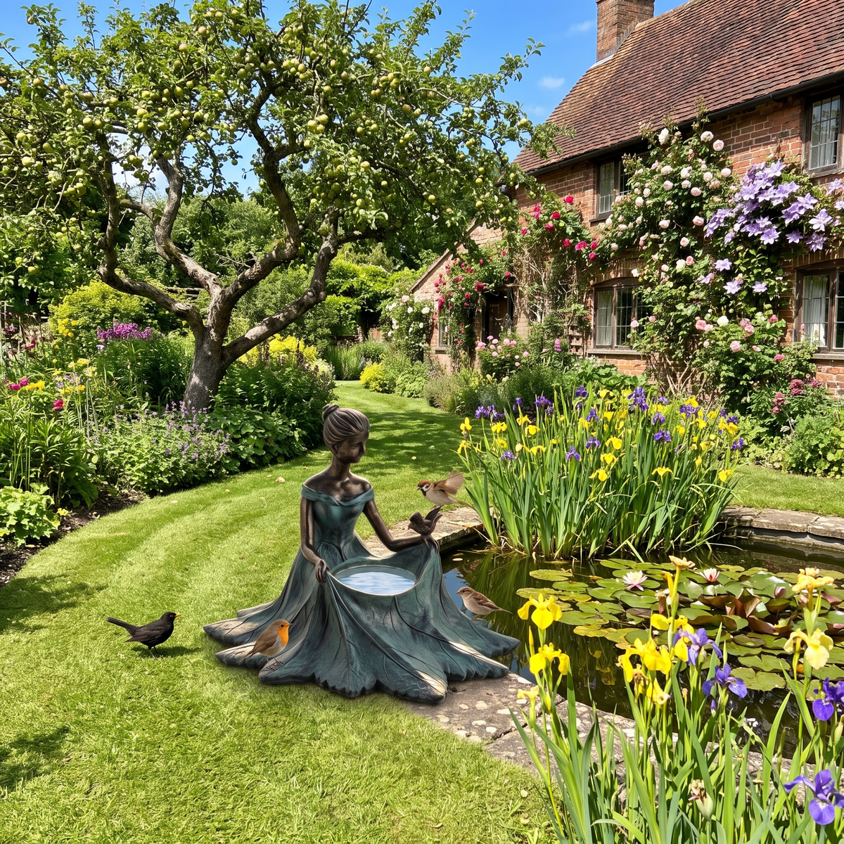 The bird bath at the edge of a pond in an English cottage garden