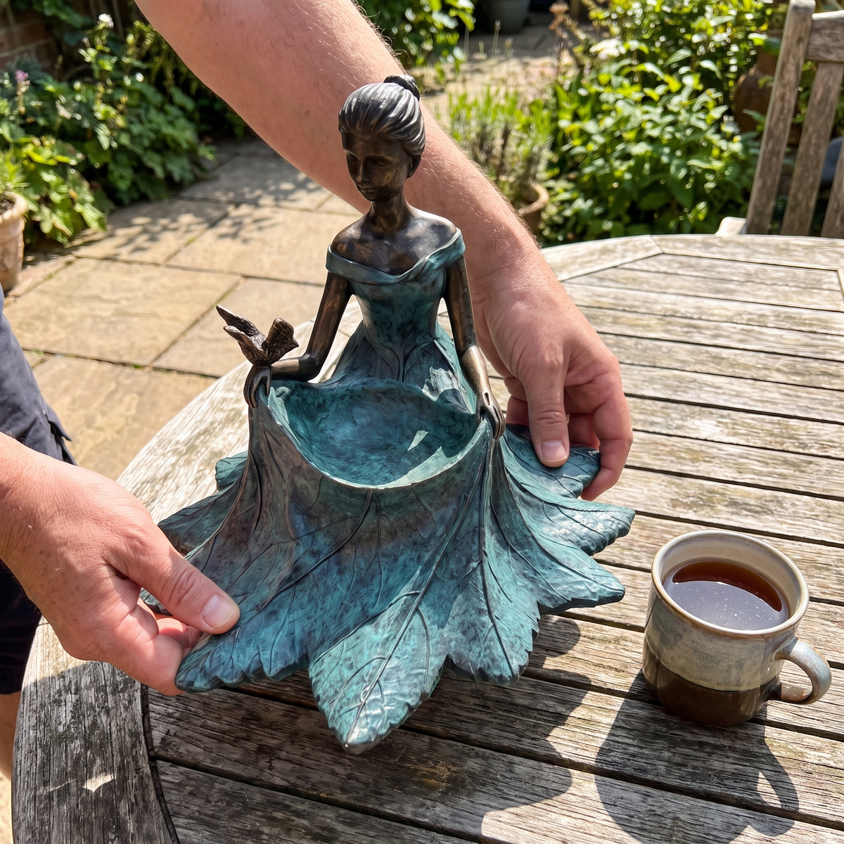 Two hands lifting the solid cast bird bath, a mug of tea for scale