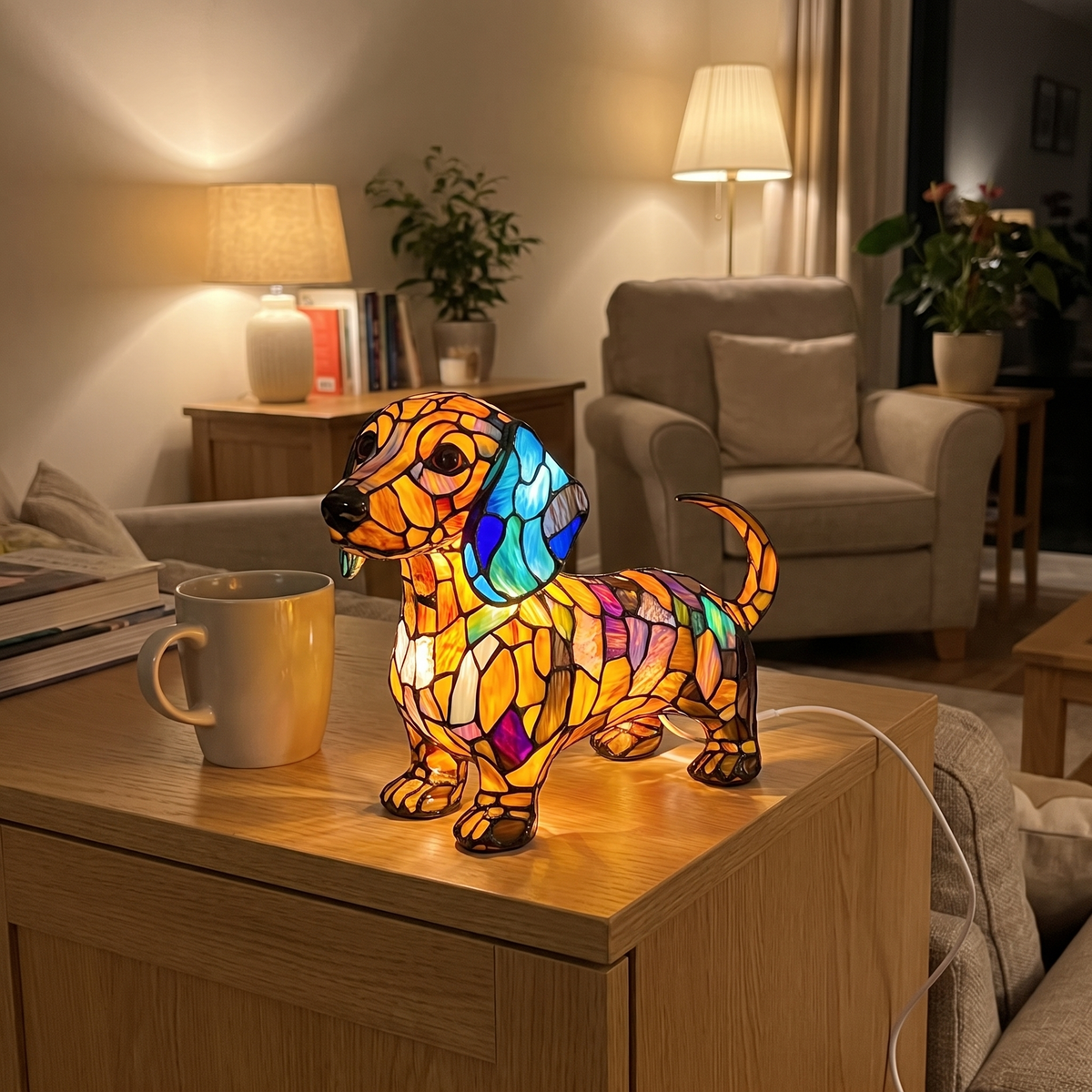 Bonnie's Doxie Lamp glowing on a sideboard