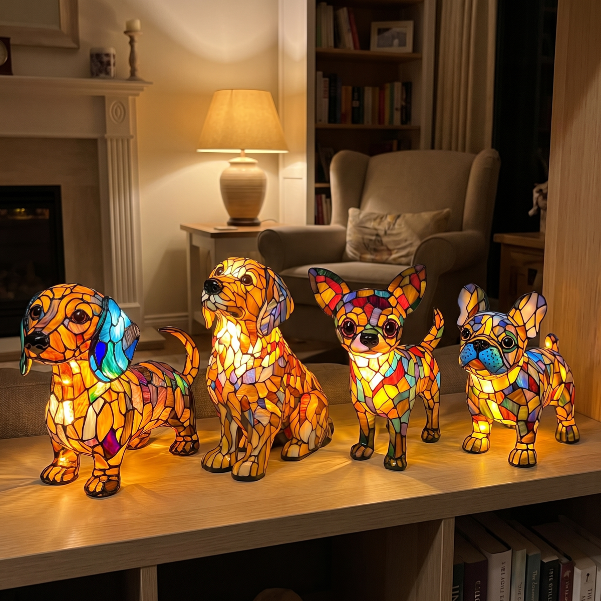 All four dog lamps: Doxie, Golden Pup, Chihuahua, French Bulldog