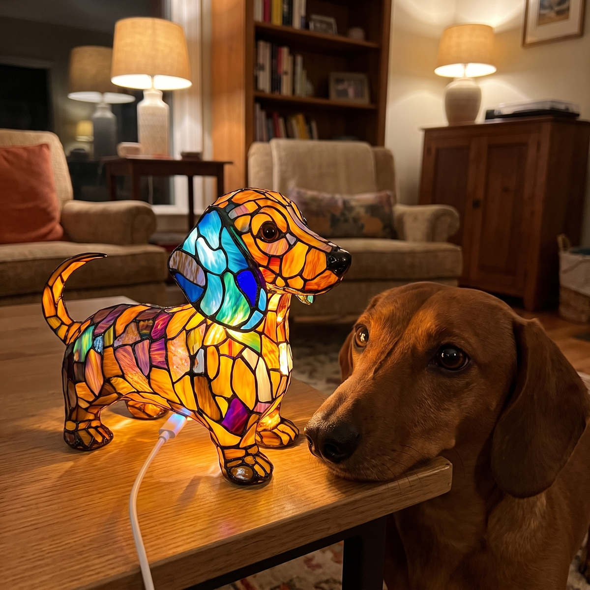 Doxie Lamp next to a real dachshund