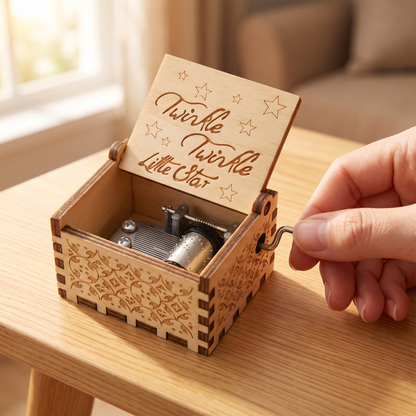 Turning the hand crank of the music box