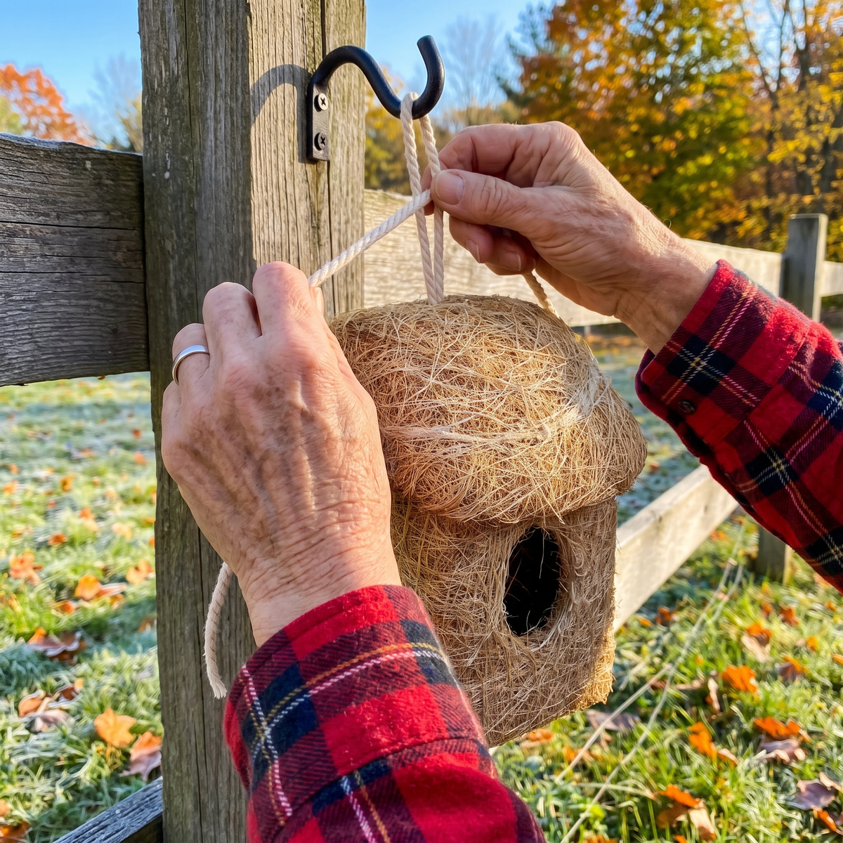 Hands tying the cotton cord of the roosting hut to a fence post hook