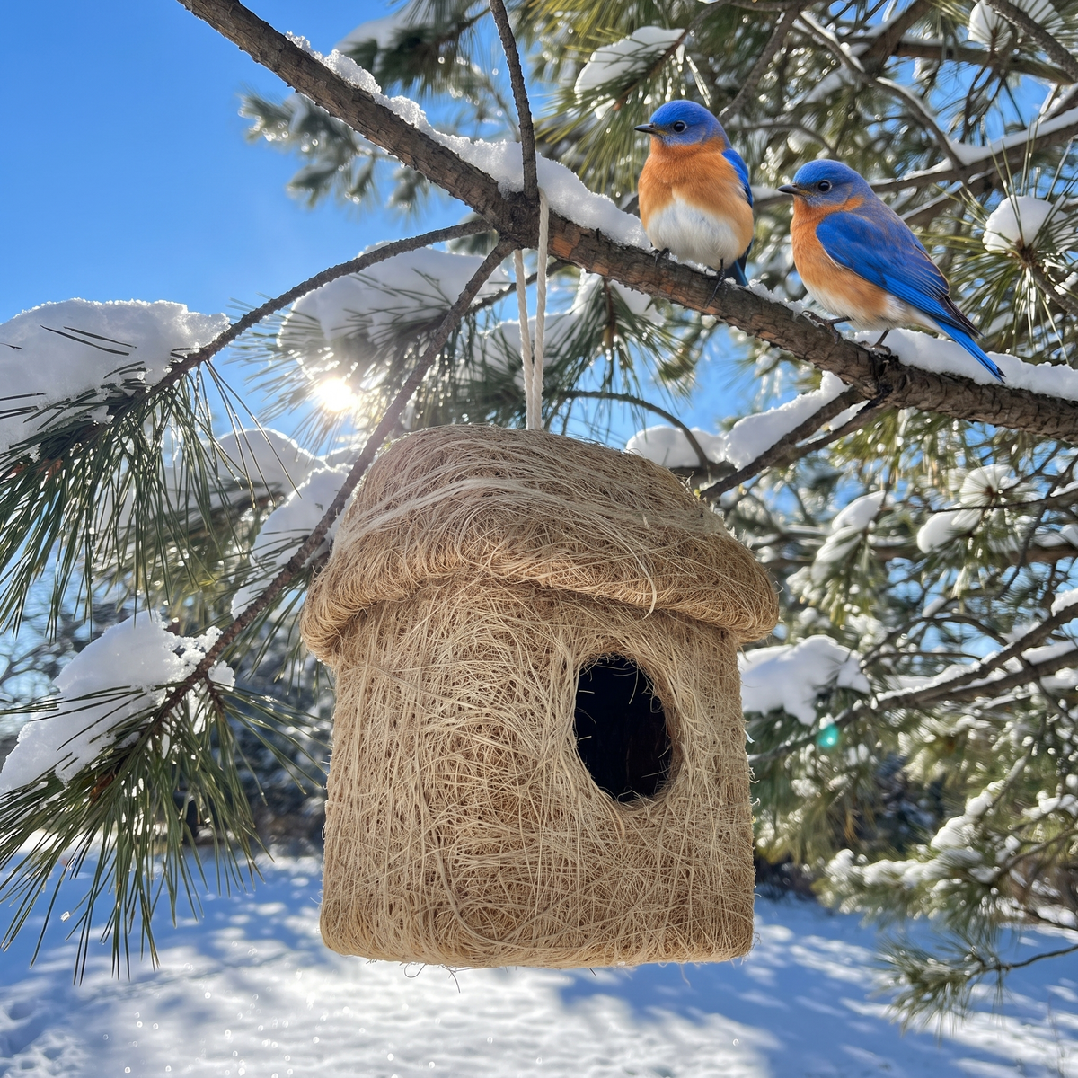 Roosting hut hanging in a snowy pine with two eastern bluebirds