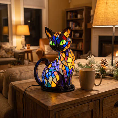 Kitty Lamp glowing on a sideboard