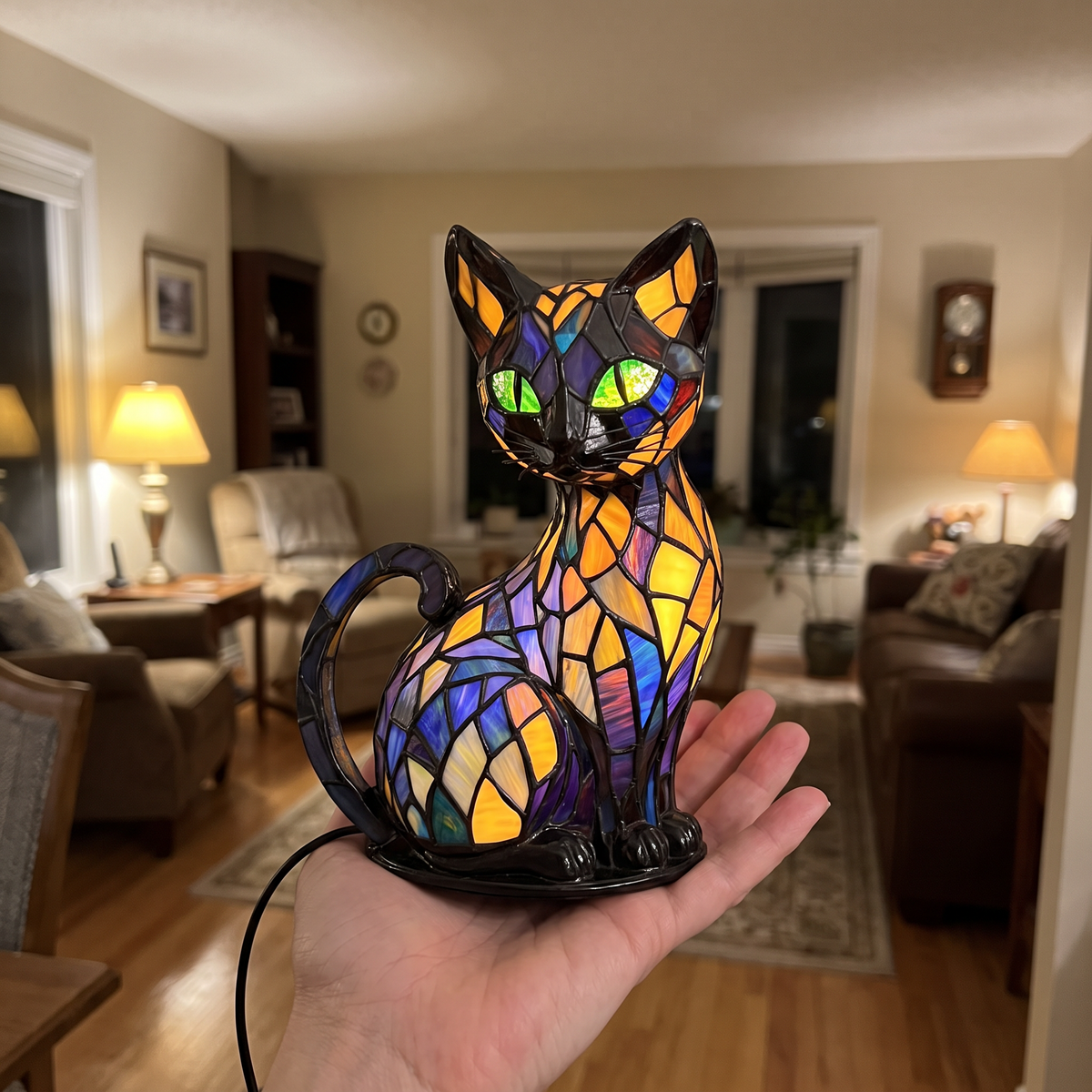 Kitty Lamp on an open hand for size