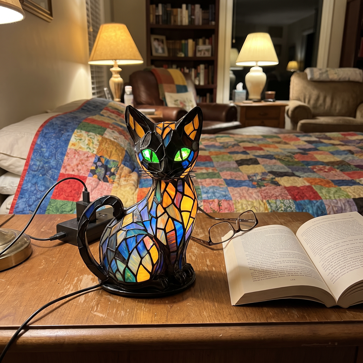Kitty Lamp on a bedside table