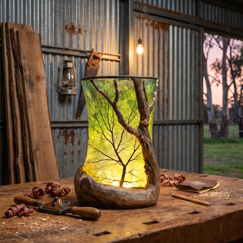 The lantern on the workbench in Merv's shed